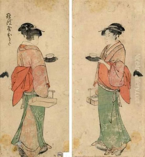 Portrait En Pied De La Belle Okita De La Maison Naniwaya Marchant, Tenant Un Chadai Oil Painting by Kitagawa Utamaro