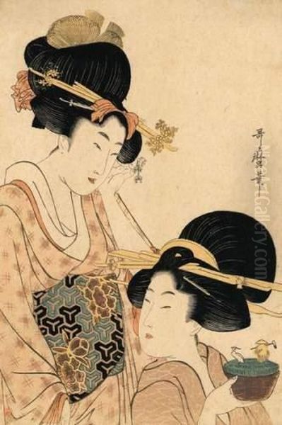 Deux Jeunes Femmes Oil Painting by Kitagawa Utamaro