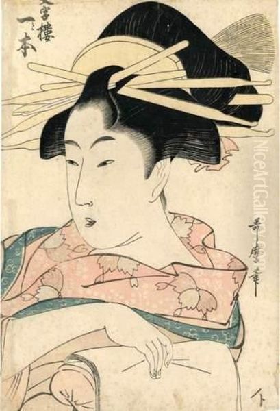 Portrait En Buste D'une Courtisane, Elle Tient De Sa Main Droite Le Pan De Sa Robe. Oil Painting by Kitagawa Utamaro