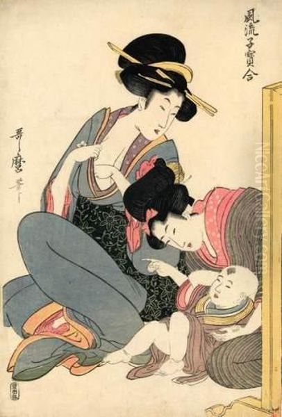 Deux Jeunes Femmes Assises, 
Chichi S'appretant A Allaiter, L'autre Fait La Lecon A Un Enfant. Oil Painting by Kitagawa Utamaro