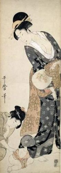 Enfant Se Cachant Sous Le Pan Du Kimono De Sa Mere. Oil Painting by Kitagawa Utamaro