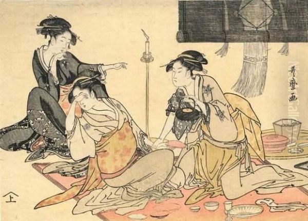 Trois Geisha Assises Oil Painting by Kitagawa Utamaro