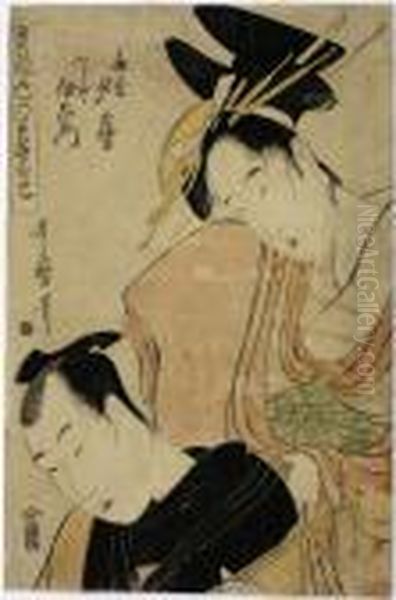 Ogiya Yugiri And Fujiya Izaemon Oil Painting by Kitagawa Utamaro