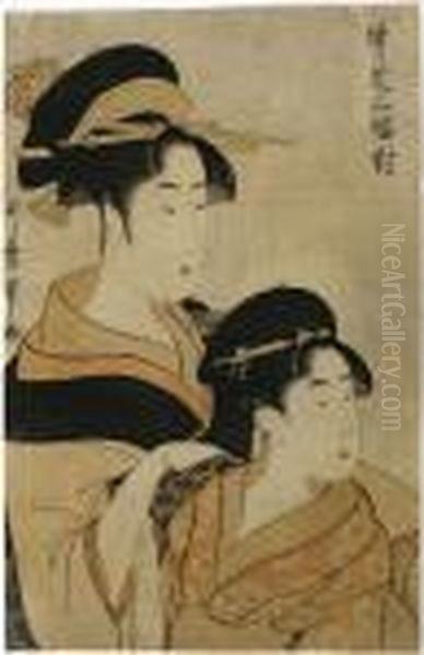 Two Beauties Oil Painting by Kitagawa Utamaro