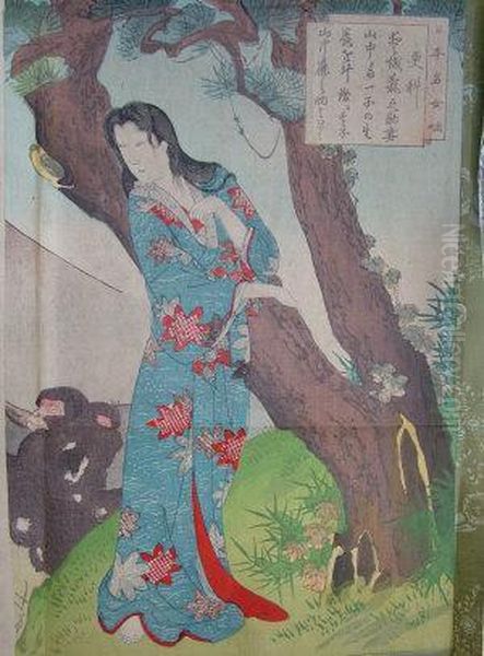 Woman In A Garden By A Tree Oil Painting by Kitagawa Utamaro