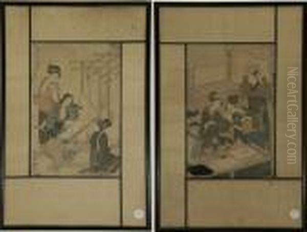 Two Woodblock Prints Oil Painting by Kitagawa Utamaro