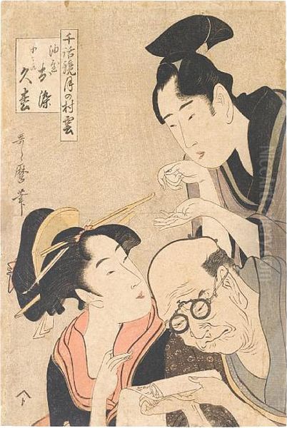 Depicting The Lovers Osome And Hisamatsu From The Series Oil Painting by Kitagawa Utamaro