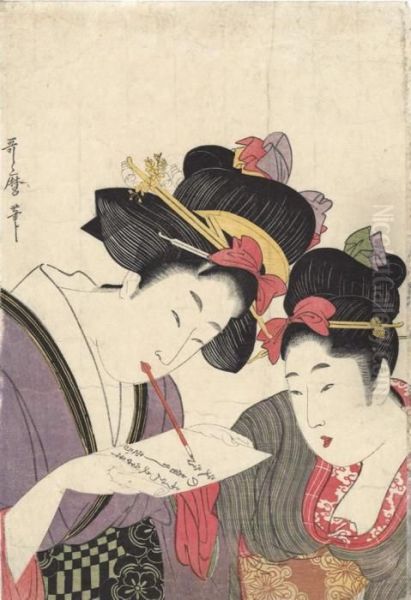 A Girl Looks On While Her 
Companion Pens A Letter, Signed Utamarohitsu, Good Impression And 
Colour, Slight Soiling And Creasing,backed Oil Painting by Kitagawa Utamaro