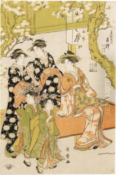 La Courtisane Yoshino De Wakamatsu Ya Assise, Accompagnee De Deuxshinzo Et Deux Kamuro Oil Painting by Kitagawa Utamaro