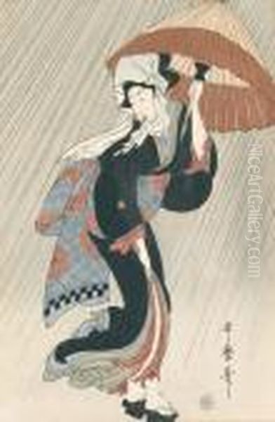 Geisha Mit Schirm Im Regen Und Wind. Oil Painting by Kitagawa Utamaro