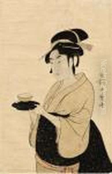 The Tea Waitress Okita Of The Naniwaya, Holding A Teacup, Signed 
Utamaro Hitsu
, Published By Tsutaya Jusaburo, 
Kiwame
 Seal, Second State Without Cartouche, Mica Background, Colours Slightly Faded, Backed Oil Painting by Kitagawa Utamaro