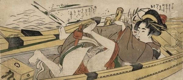 A Couple In A Boat, Slight 
Fading, Rubbed And Vertical Centre Fold; And Two Further Prints By 
Utamaro Oil Painting by Kitagawa Utamaro