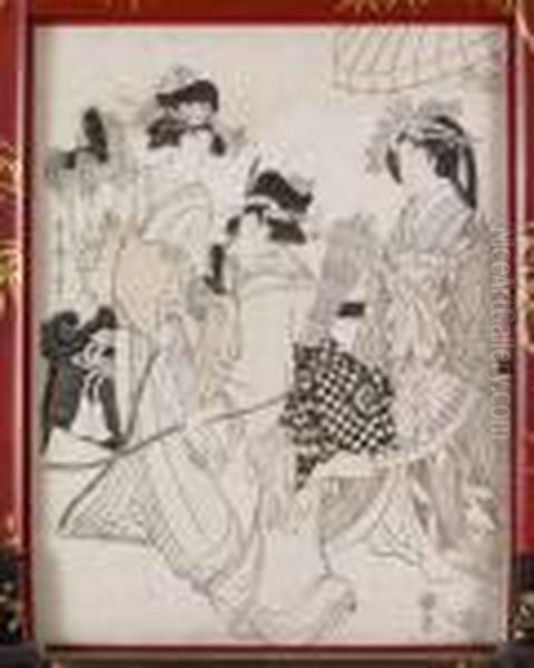 Japan Med Lackram Oil Painting by Kitagawa Utamaro