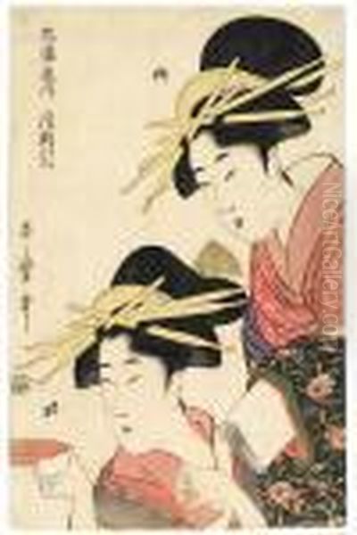 Hyogoya Uchi Tsukioka, Kikuno, Shizuka Oil Painting by Kitagawa Utamaro