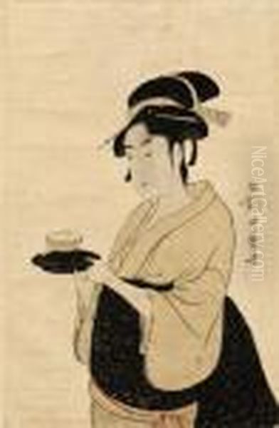 The Tea Waitress Okita Of The Naniwaya, Holding A Teacup, Signed Oil Painting by Kitagawa Utamaro