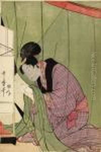 A Courtesan Under A Mosquito Net Reading A Letter By The Light Of A Lamp, Signed Oil Painting by Kitagawa Utamaro