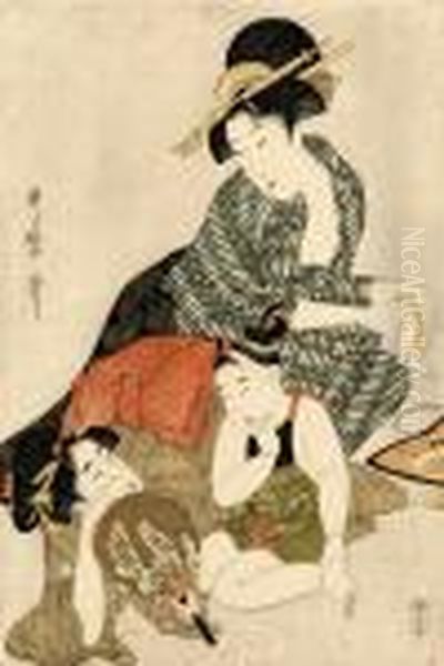 A Girl Holding A Fan Decorated 
With A Lespedeza Design Lies On The Floor Talking To A Young Boy Whose 
Mother Kneels Behind Them Cleaning A Comb, Signed Utamaro Hitsu Oil Painting by Kitagawa Utamaro