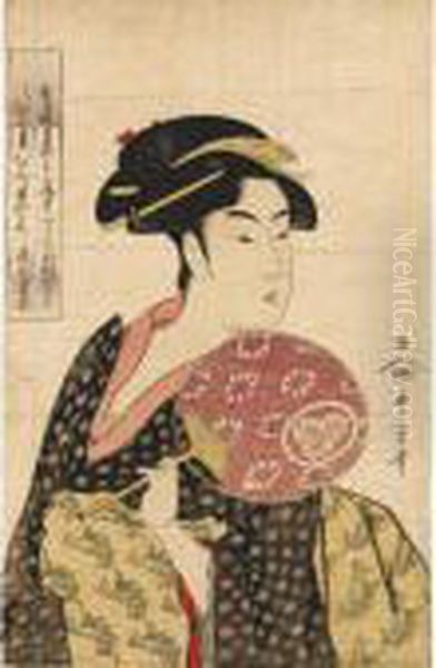 Takashima Ohisa, A Waitress In A Ryogoku Tea-house, Famed For Her Beauty, Holding A Fan Oil Painting by Kitagawa Utamaro