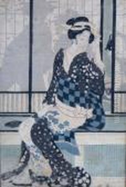 Woodblock Print Of Lady In Interior Oil Painting by Kitagawa Utamaro