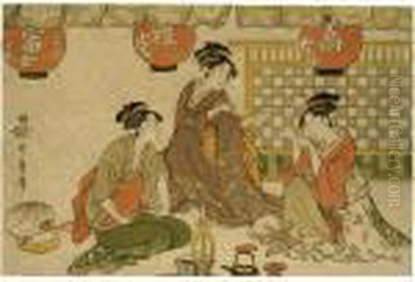 ````kitsuneken Sanbijin' (three Beauties Playing The Party-game ````catch The Fox') Oil Painting by Kitagawa Utamaro