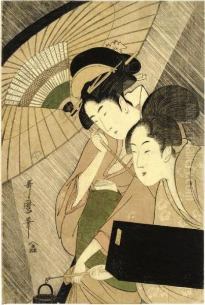 Geisha And Attendant On A Rainy Night Oil Painting by Kitagawa Utamaro