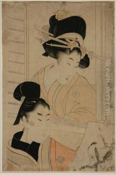 Two Beauties Admiring A Painting Of A Hawk Oil Painting by Kitagawa Utamaro