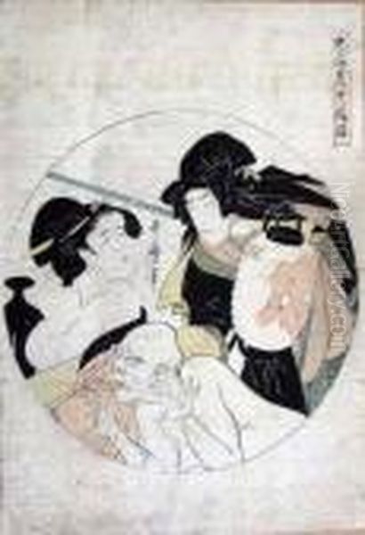 Three Figures Oil Painting by Kitagawa Utamaro