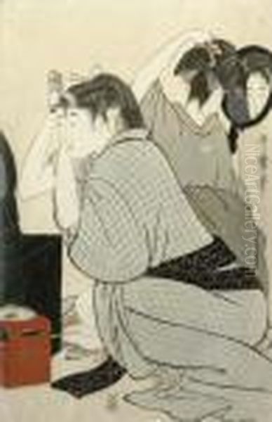 Two Beauties Dressing Oil Painting by Kitagawa Utamaro