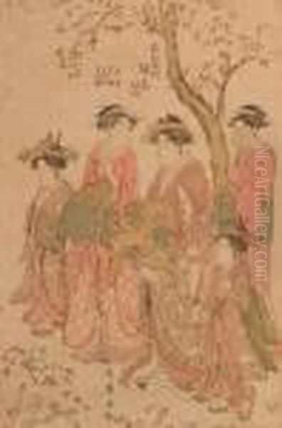 Four Women And A Girl Under Tree Oil Painting by Kitagawa Utamaro