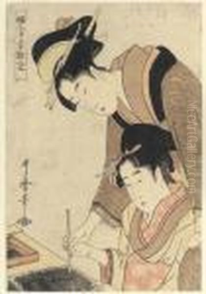 The Writing Lesson Oil Painting by Kitagawa Utamaro