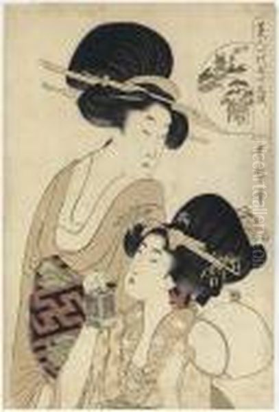 Two Beauties, One Holding A Fan 
And Insect Cage, Odawara From Theseries Bijin Ichidai Gojusan Tsugi 
(beauties One By One:comparisons Of The Fifty-three Stations Of The 
Tokaido) Oil Painting by Kitagawa Utamaro