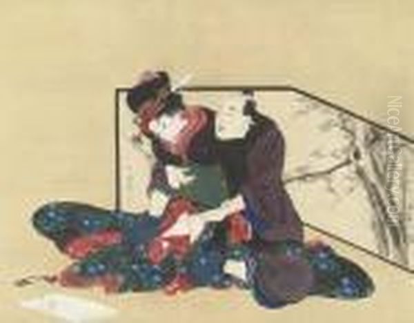 Man Seducing A Young Woman Oil Painting by Kitagawa Utamaro