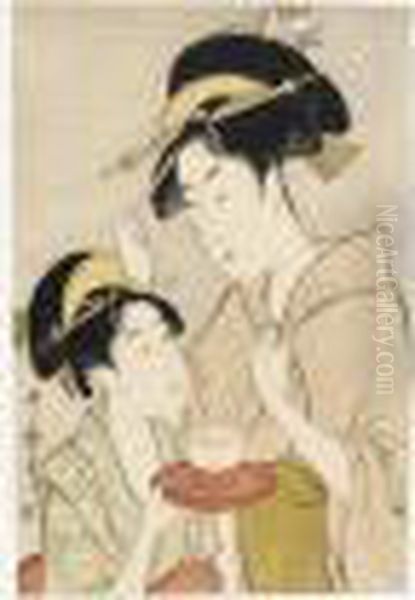 Chawan To Kanzashi. Bol De The Et Epingle A Cheveux Oil Painting by Kitagawa Utamaro