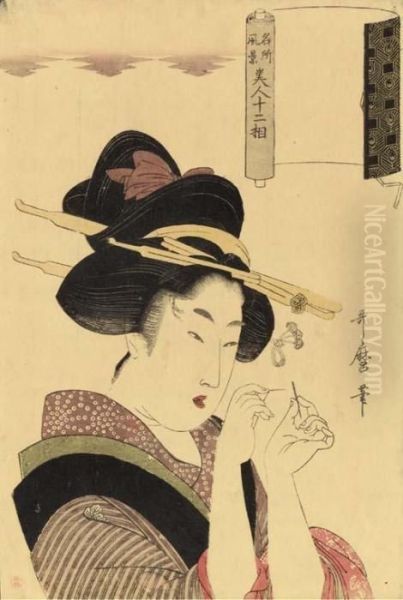 A Beauty Threading A Needle Oil Painting by Kitagawa Utamaro