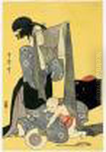 Jeune Femme Examinant Une Piece De Voile Oil Painting by Kitagawa Utamaro