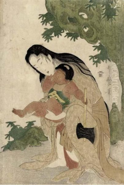 Yamauba Holding Kintaro Clasping An Ax Oil Painting by Kitagawa Utamaro