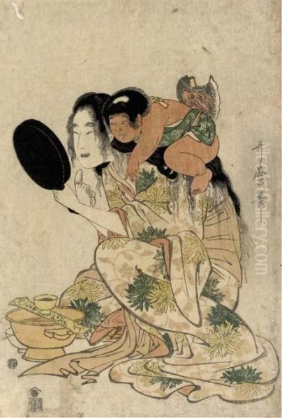 Yamauba Looking In A Mirror While Blackening Her Teeth Oil Painting by Kitagawa Utamaro