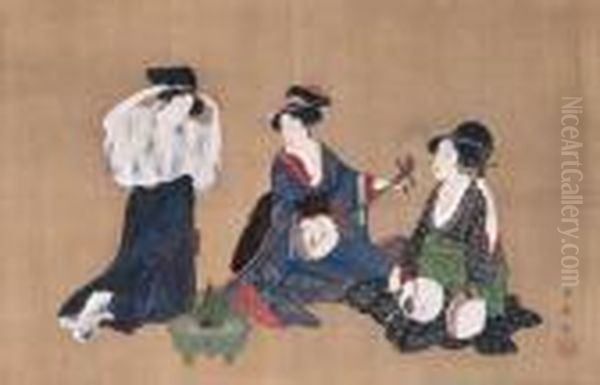 Three Beauties Oil Painting by Kitagawa Utamaro