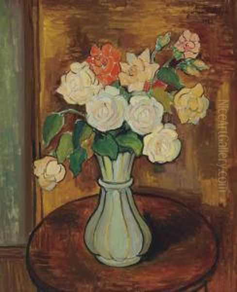 Vase De Roses Sur Un Guaridon Oil Painting by Suzanne Valadon