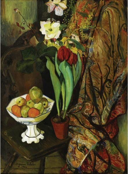 Nature Morte Aux Tulipes Et Compotier De Fruits Oil Painting by Suzanne Valadon