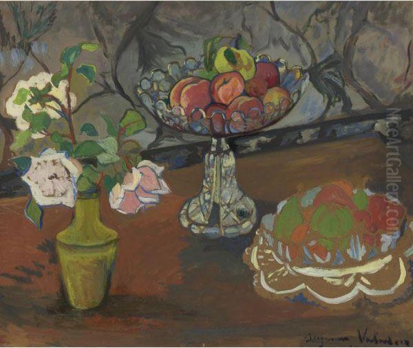 Nature Morte Au Bouquet De Roses, Compotiers De Fruits Oil Painting by Suzanne Valadon