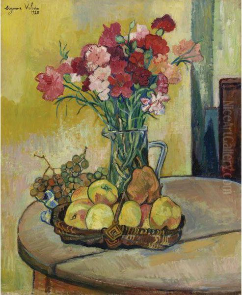 Nature Morte Au Panier De Pommes, Vase De Fleurs, Et Raisins Oil Painting by Suzanne Valadon