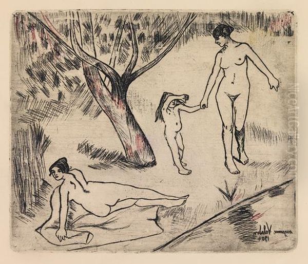 Femmes Et Enfant Au Bord Du L'eau Oil Painting by Suzanne Valadon