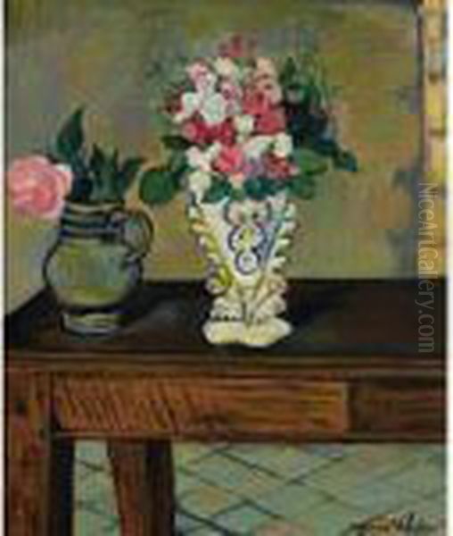 Deux Bouquets De Fleurs Sur Une Table Oil Painting by Suzanne Valadon