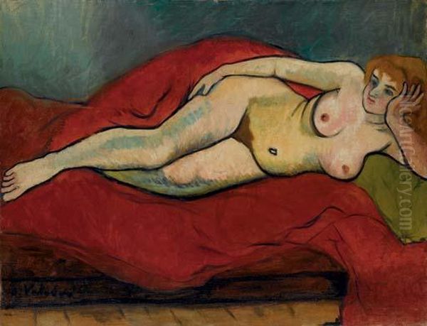 Nu Allonge A La Draperie Rouge Oil Painting by Suzanne Valadon