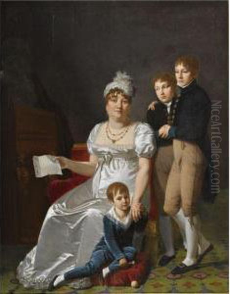 Portrait Of Madame B., Nee 
Etiennette Delagrange, Full Length,seated, Wearing A White Dress And 
Hat, Holding A Letter, With Herthree Sons Oil Painting by Jacques Antoine Vallin