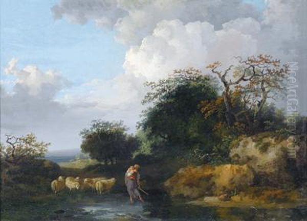 Paesaggio Fluviale Boschivo Con Una Pastora E Un Gregge Di Pecore Oil Painting by Jacques Antoine Vallin