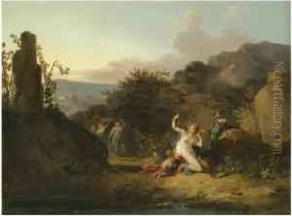 Nymphs Dancing And Playing Music In A Southern Landscape Oil Painting by Jacques Antoine Vallin