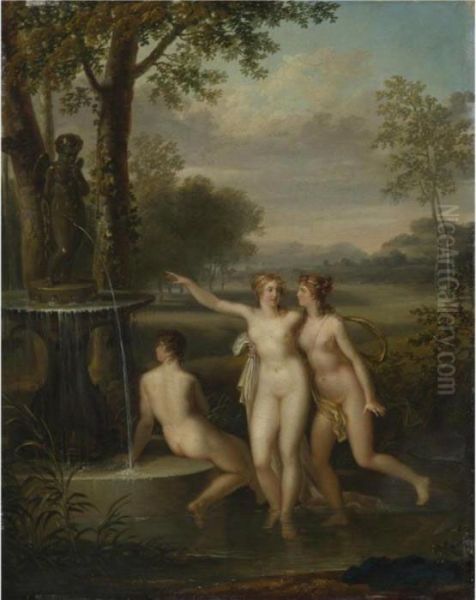 Three Nudes By The Fountain Of Love Oil Painting by Jacques Antoine Vallin