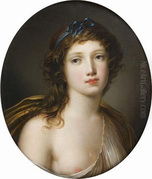 Portrait De Jeune Fille Au Ruban Bleu Oil Painting by Jacques Antoine Vallin